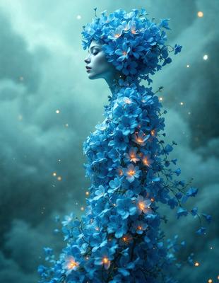 The primary subject of the image is a woman with a blue dress and a blue flower crown on her head. She is standing in front of a cloudy sky, which serves as the setting for the scene. The visual style of the image is digital art, as it is a detailed and intricate illustration of the woman. The dominant colors in the image are blue and white, creating a serene and calming atmosphere.
